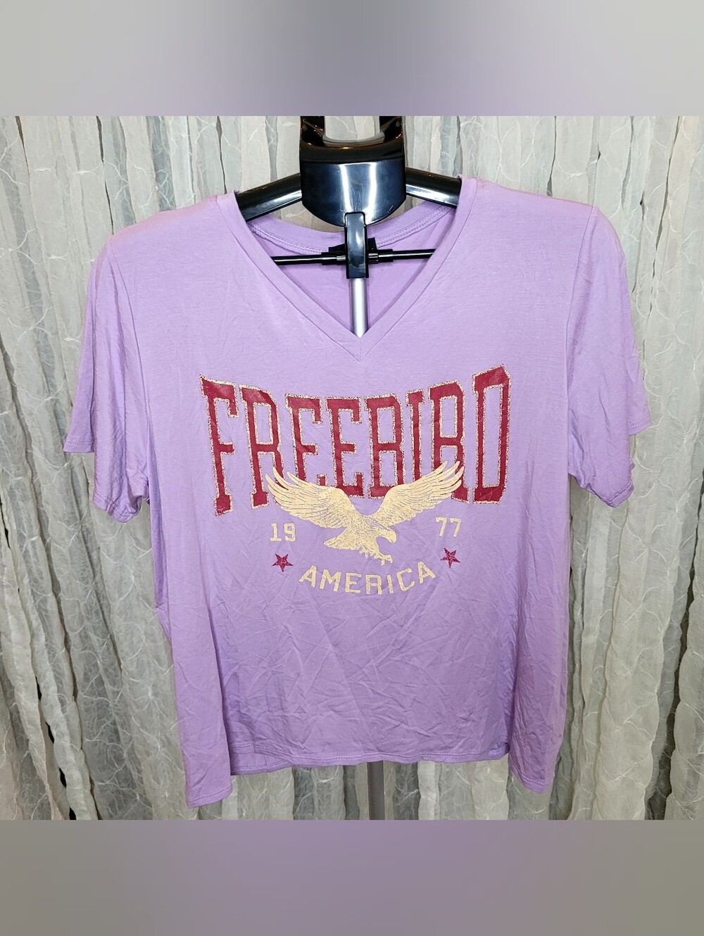 Zutter Freebird 1977 Eagle Graphic V-Neck Tee Lavender Purple Large T Shirt